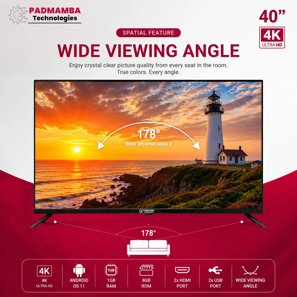 Padmamba Technologies LE40PTS8FLF 40" 4K Android Smart LED TV 4